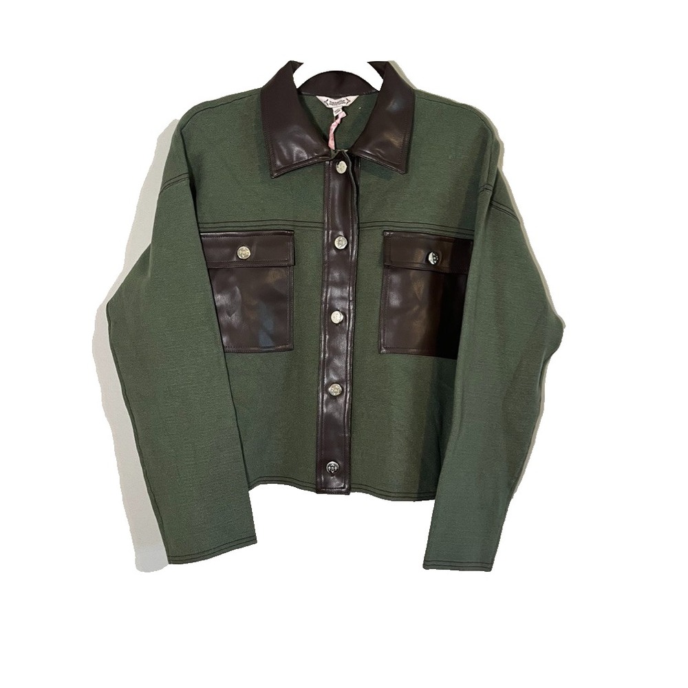 Faux Leather Crop Sweater Jacket Green M Earthy Western Festival Boxy Classic